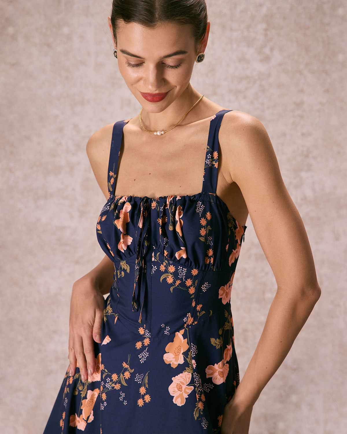 The Navy Lace Up Floral Ruched Midi Dress Discount High Quality