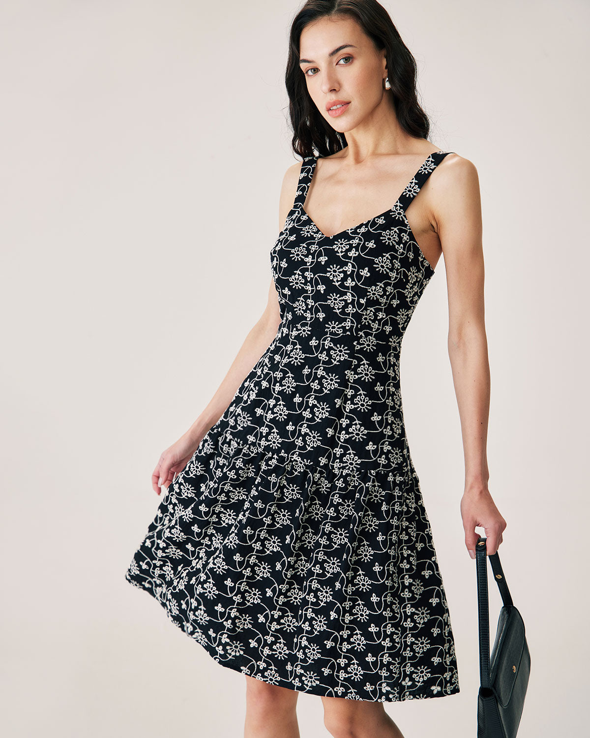 Black Floral Embroidery Slip Midi Dress Clearance New Arrival