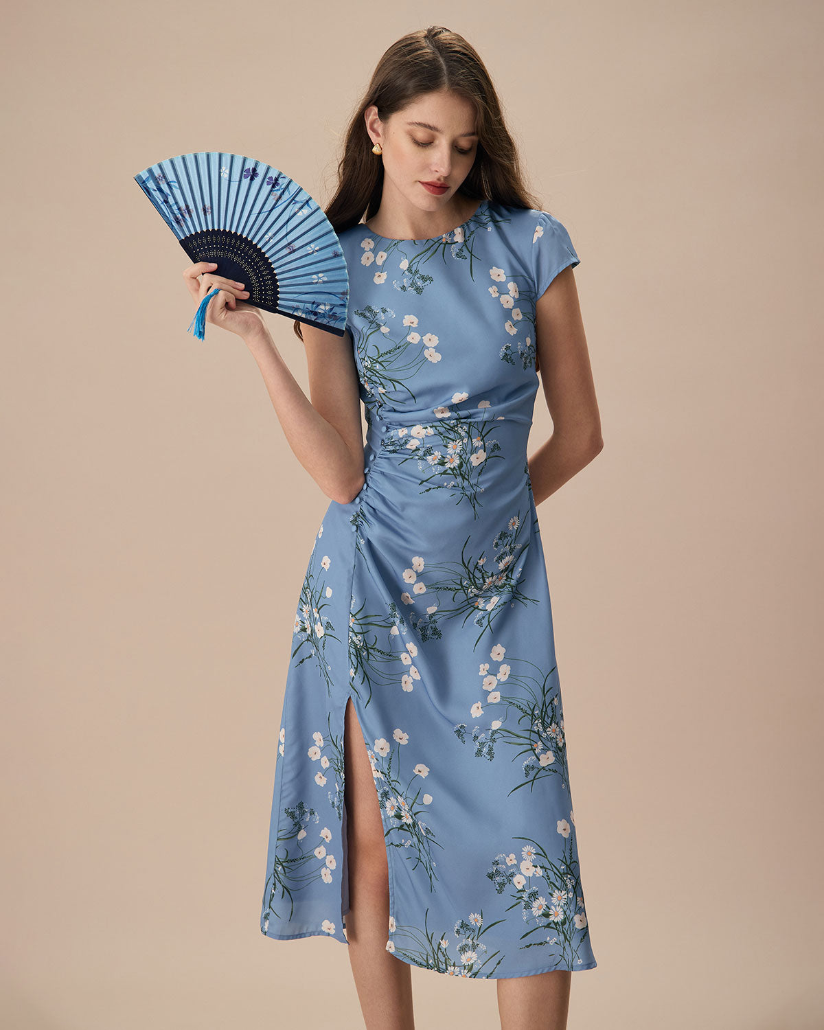 The Blue Round Neck Slit Floral Midi Dress Buy Cheap For Nice