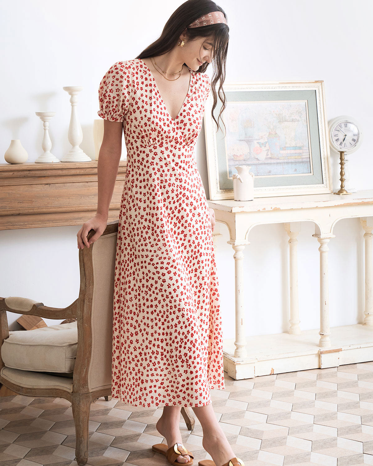 The Red V-Neck Floral Puff Sleeve Maxi Dress Outlet Reliable