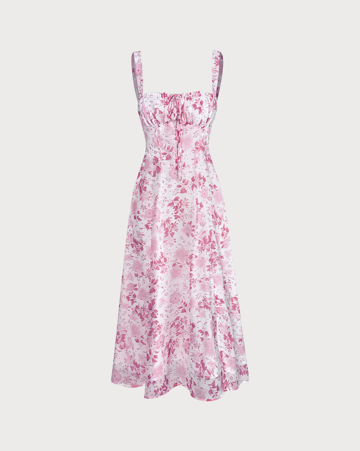 The Pink Square Neck Floral Ruched Midi Dress Outlet Fashionable