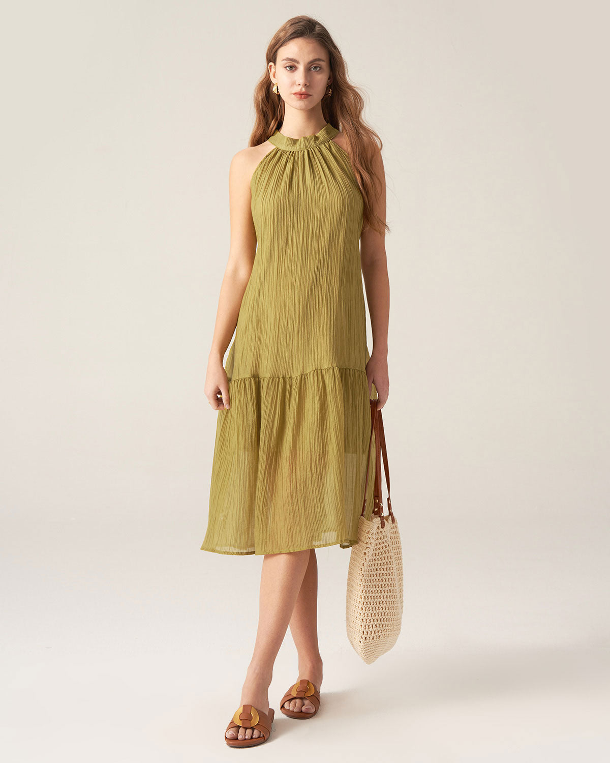 Green Ruffle Tie Neck Midi Dress Pay With Paypal For Sale