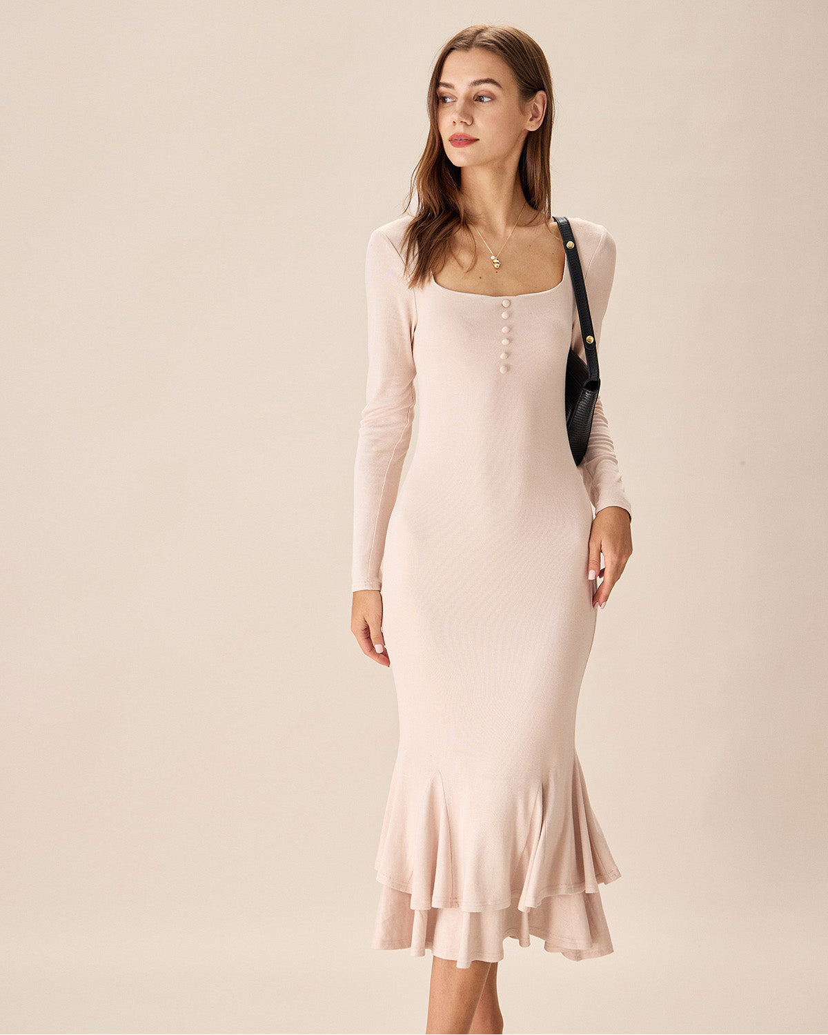 Apricot Square Neck Mermaid Midi Dress Recommend Cheap Online