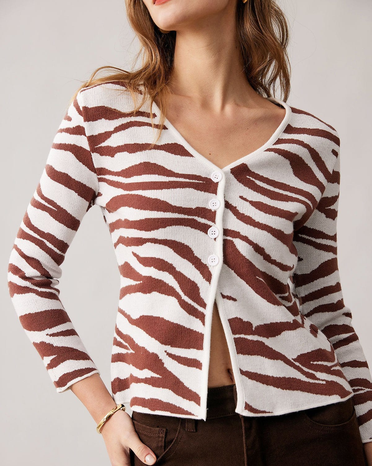 The Coffee V Neck Zebra Knit Cardigan Discount Largest Supplier