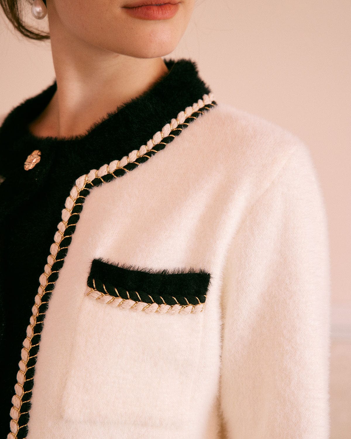 The Beige Round Neck Colorblock Cardigan Pices Online