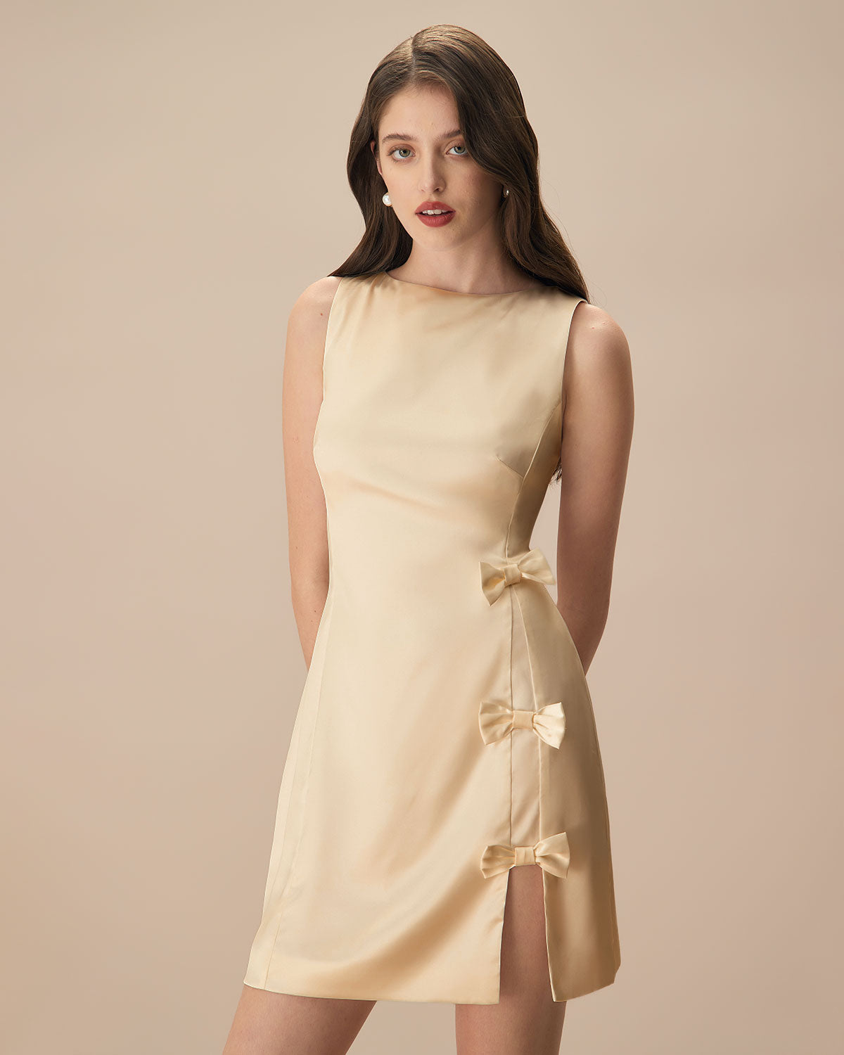 The Yellow Boat Neck Bowknot Satin Mini Dress Outlet Official Site