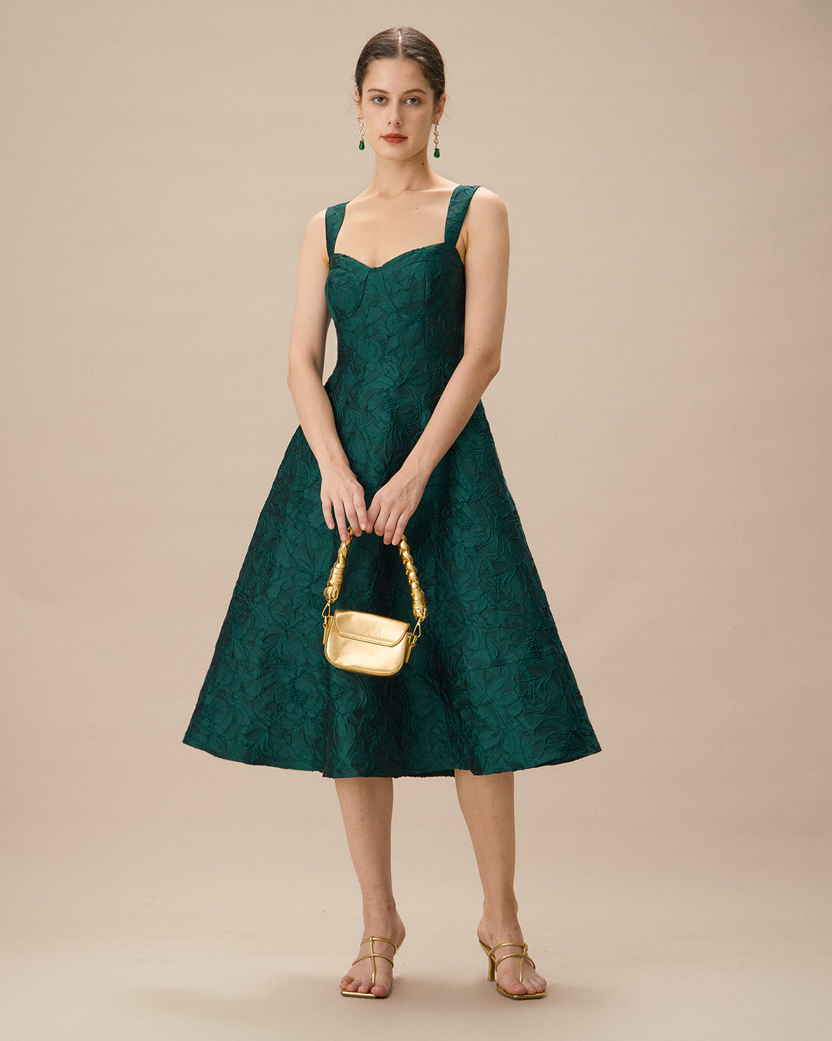 Green Sweetheart Neck Jacquard Midi Dress Classic For Sale