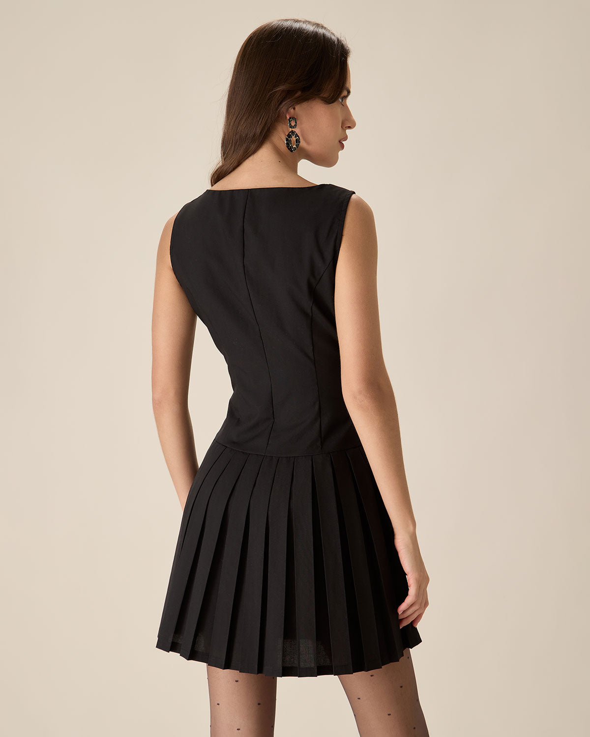 Black Boat Neck Pleated Mini Dress Sale Cost