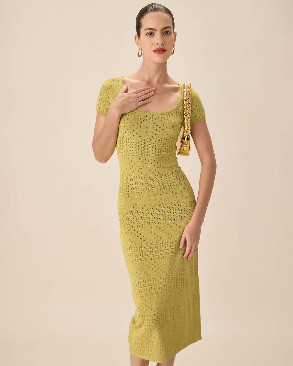 Green Square Neck Bodycon Midi Dress Sale Best Sale