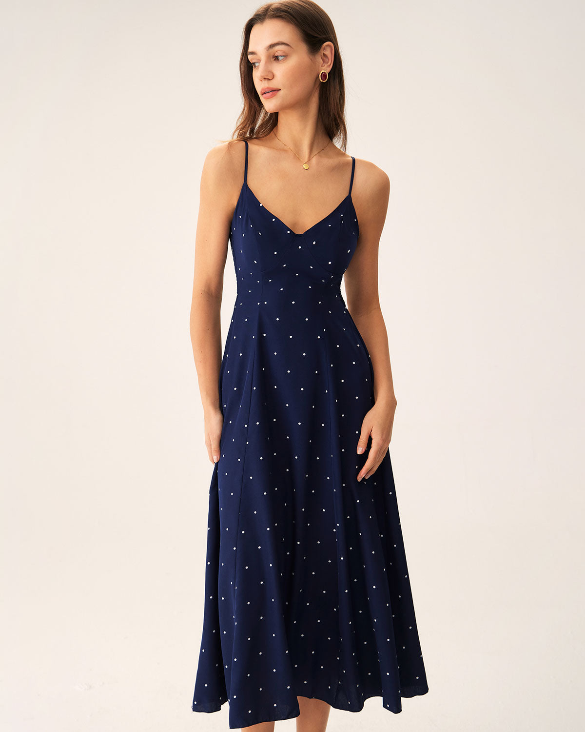 Navy Polka Dot Shirred Slip Midi Dress Best Seller Cheap Pice