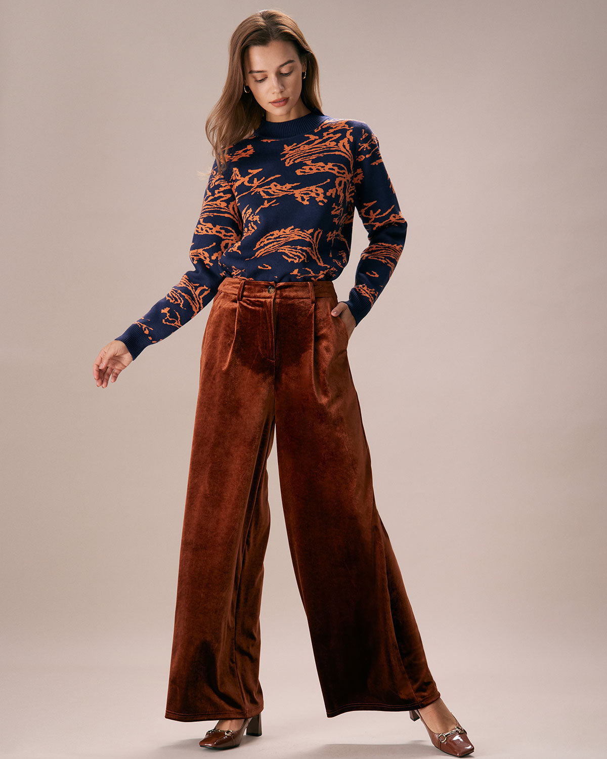 The Brown High Waisted Velvet Wide Leg Pants Classic For Sale