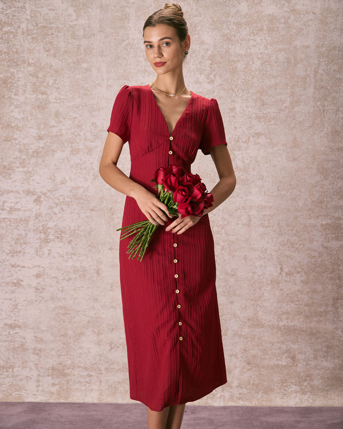 The Red V Neck Shirred Puff Sleeve Midi Dress For Cheap Online