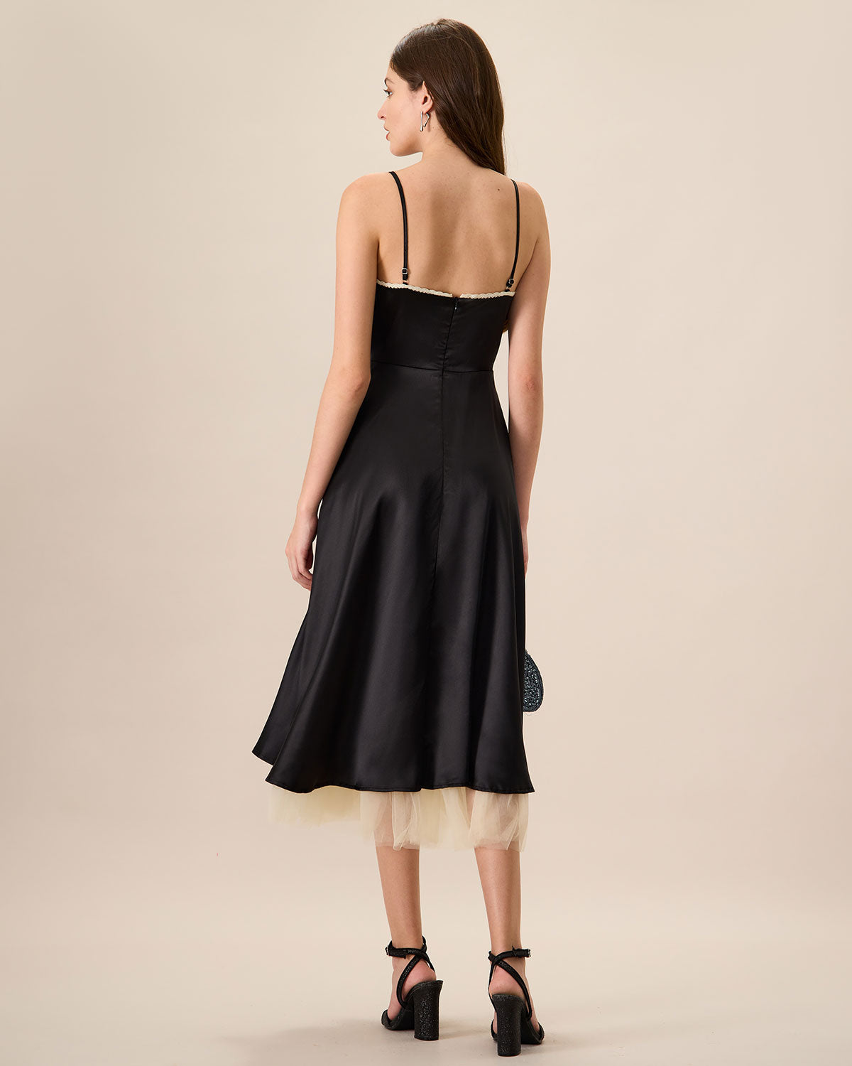 Women's Black Splicing Satin Slip Midi Dress