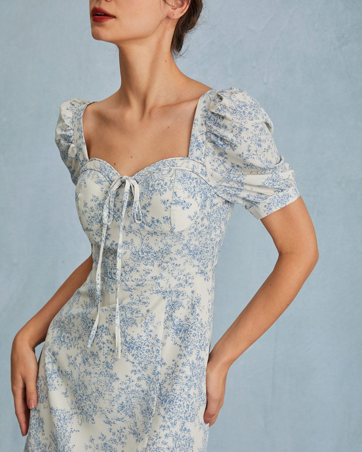 The Blue Sweetheart Neck Puff Sleeve Floral Midi Dress Low Cost Cheap Pice