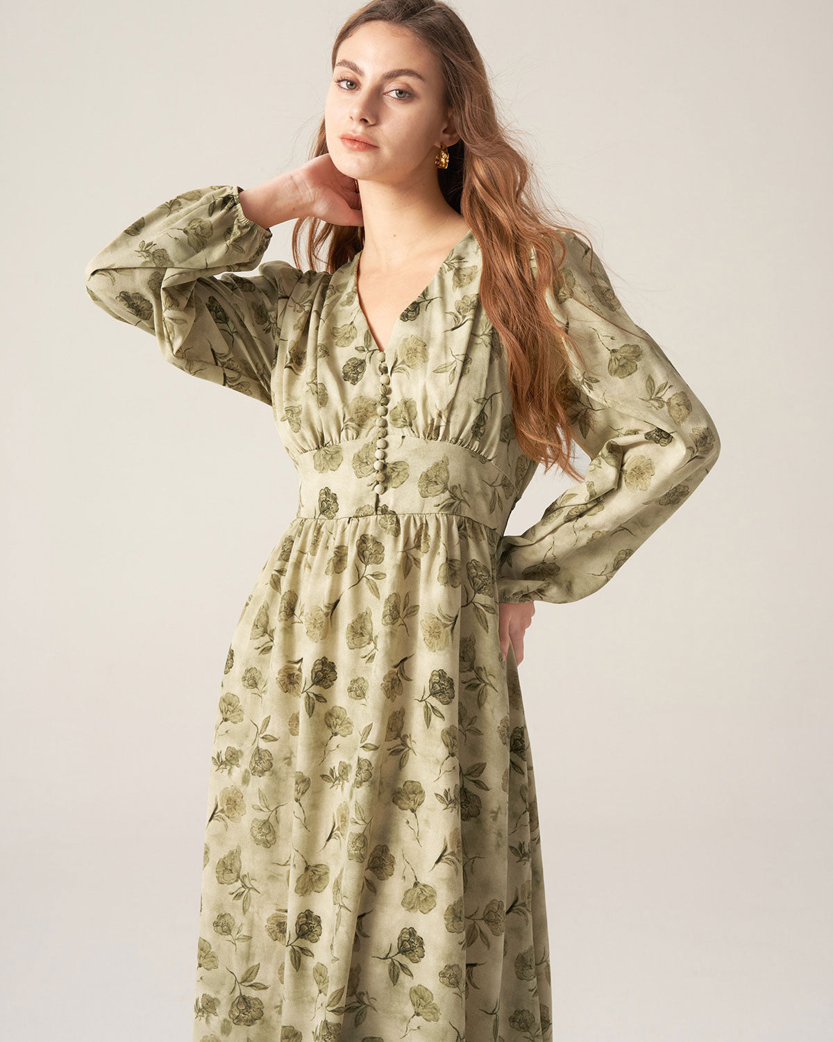 Green Floral Lantern Sleeve Midi Dress For Cheap Sale Online