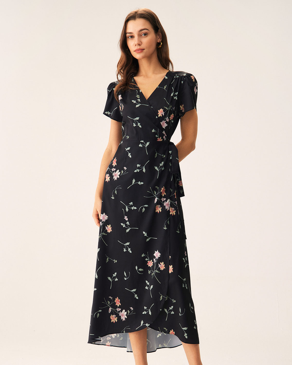 Black Floral Wrap Maxi Dress Discount 2025 Unisex