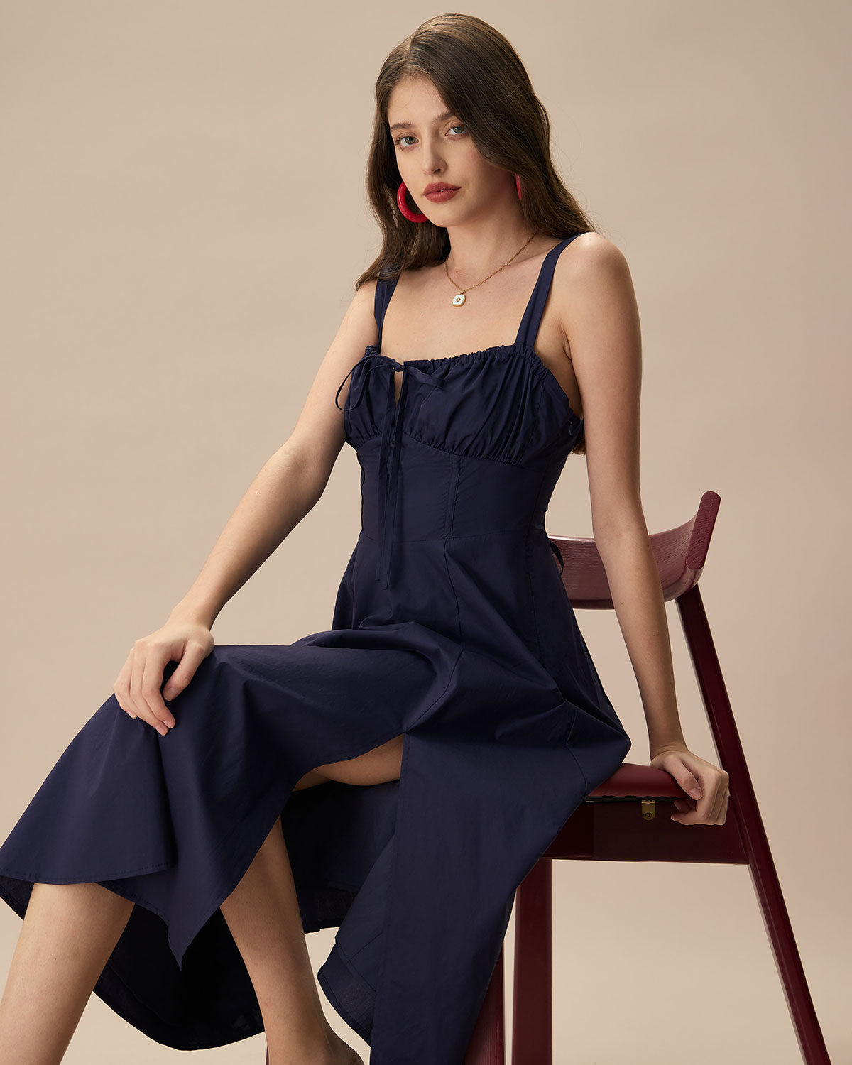 The Navy Square Neck Ruched Slip Midi Dress Free Shipping Finishline