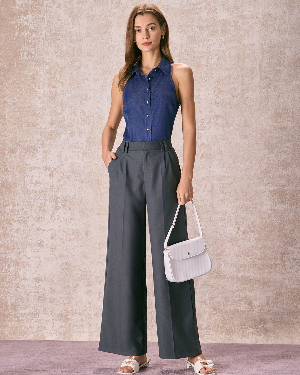 The Grey High Waisted Pleated Straight Pants Discount Explore