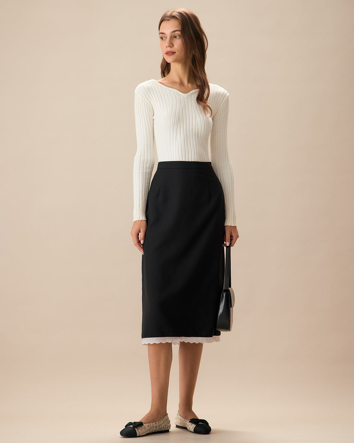 Black Contrasting Slit Midi Skirt From China Sale Online