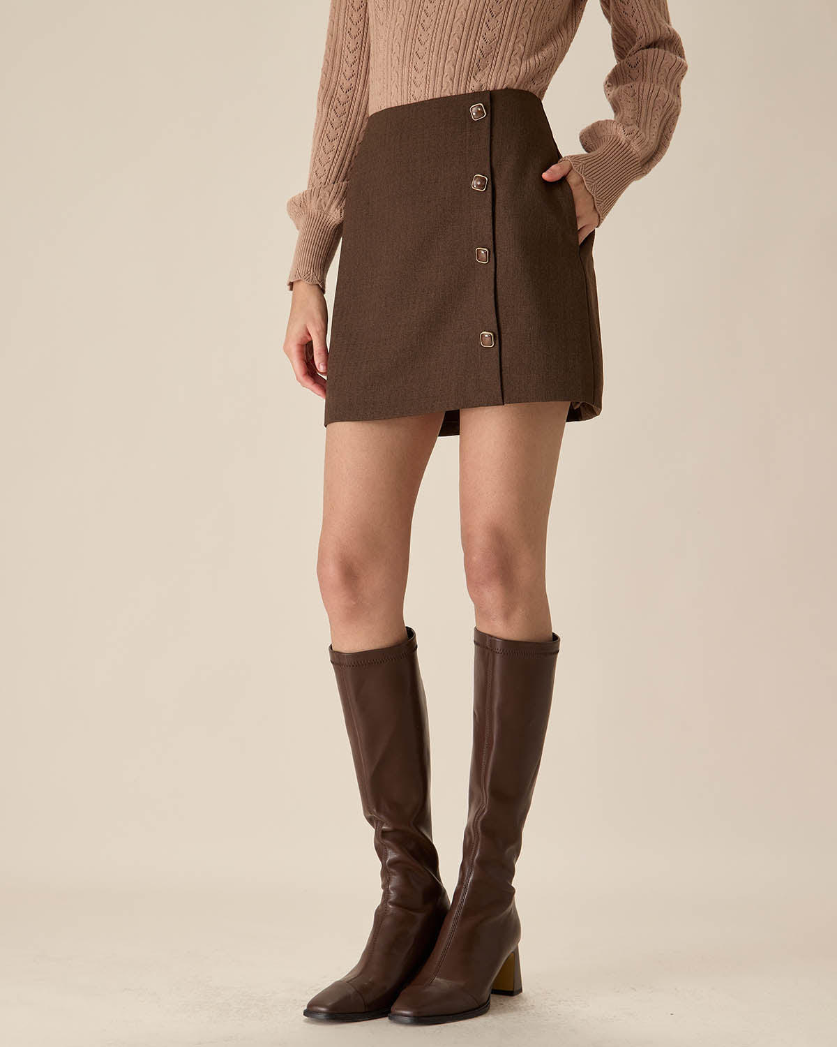 Coffee High-waisted Button Mini Skirt Choice Cheap Pice