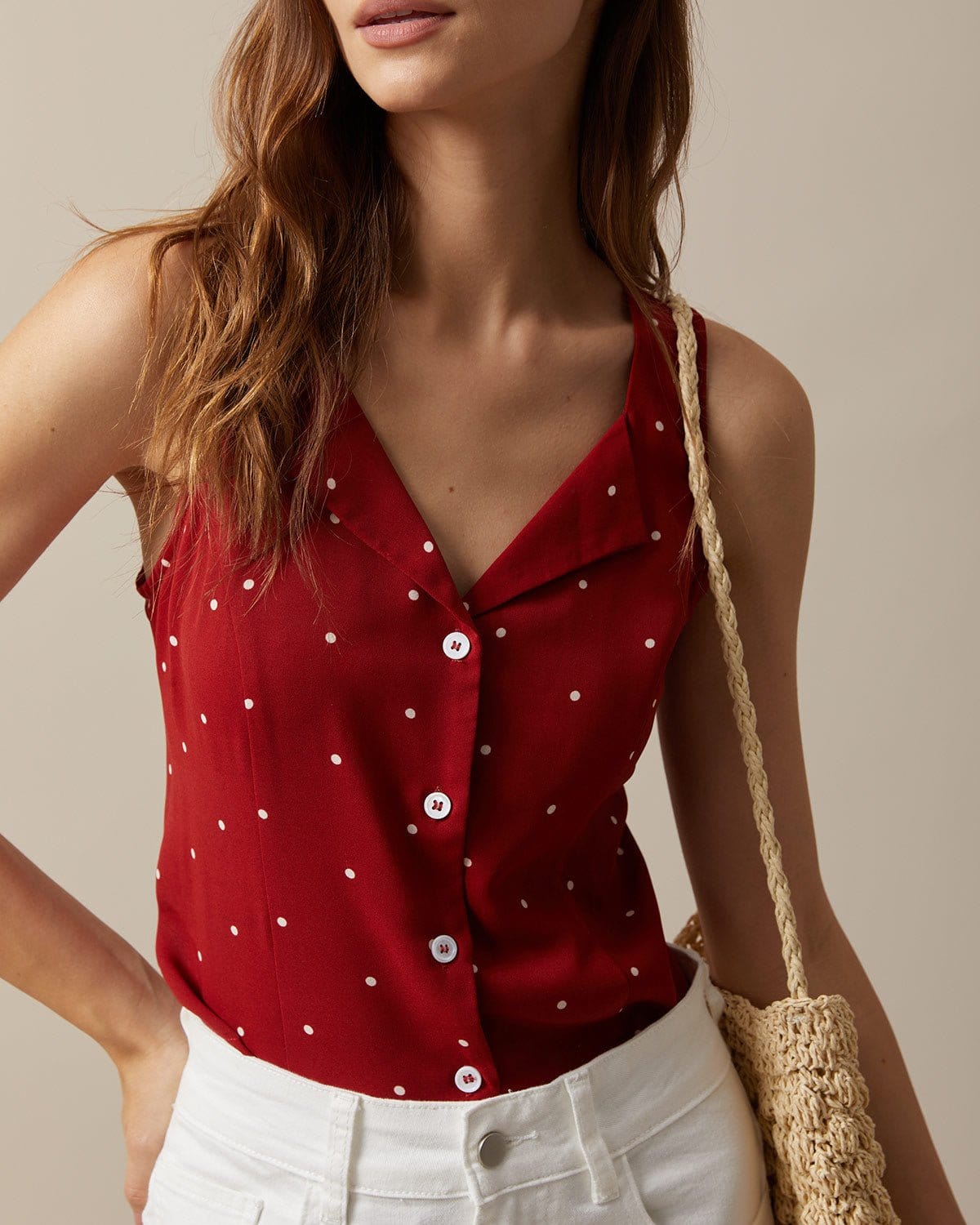 The Red V Neck Polka Dot Print Sleeveless Vest Discount Visit New