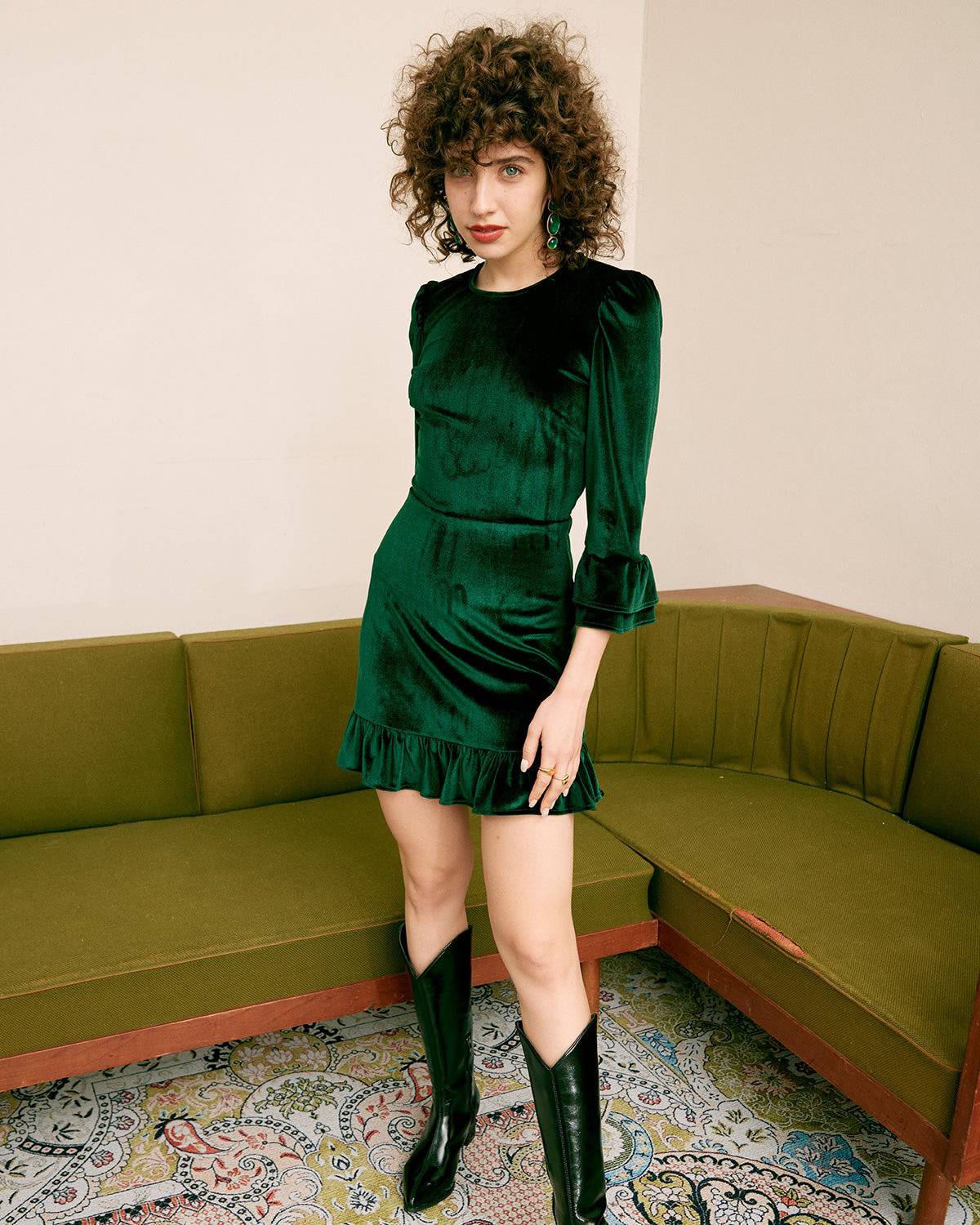 The Green Long Sleeve Velvet Mini Dress Cheap Footlocker Finishline