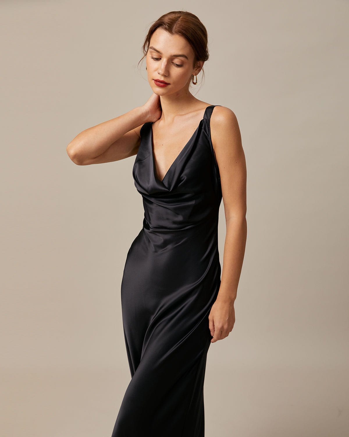 The Black Cowl Neck Sheath Satin Maxi Dress Outlet Amazing Pice