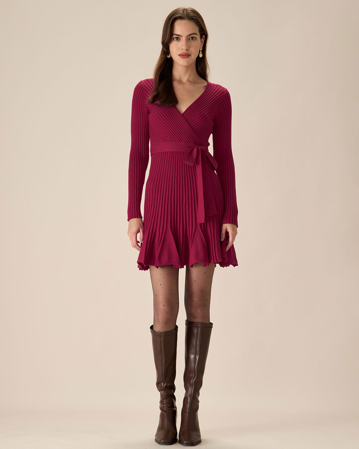 Wine Red Wrap Sweater Mini Dress Clearance Purchase