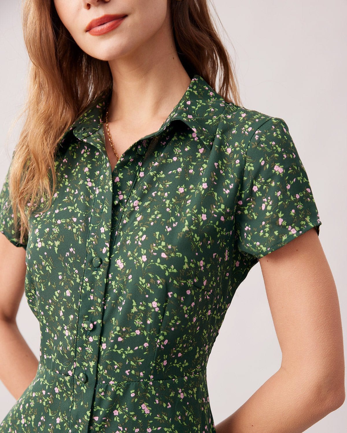 The Green Lapel Button Up Floral Midi Dress Finishline