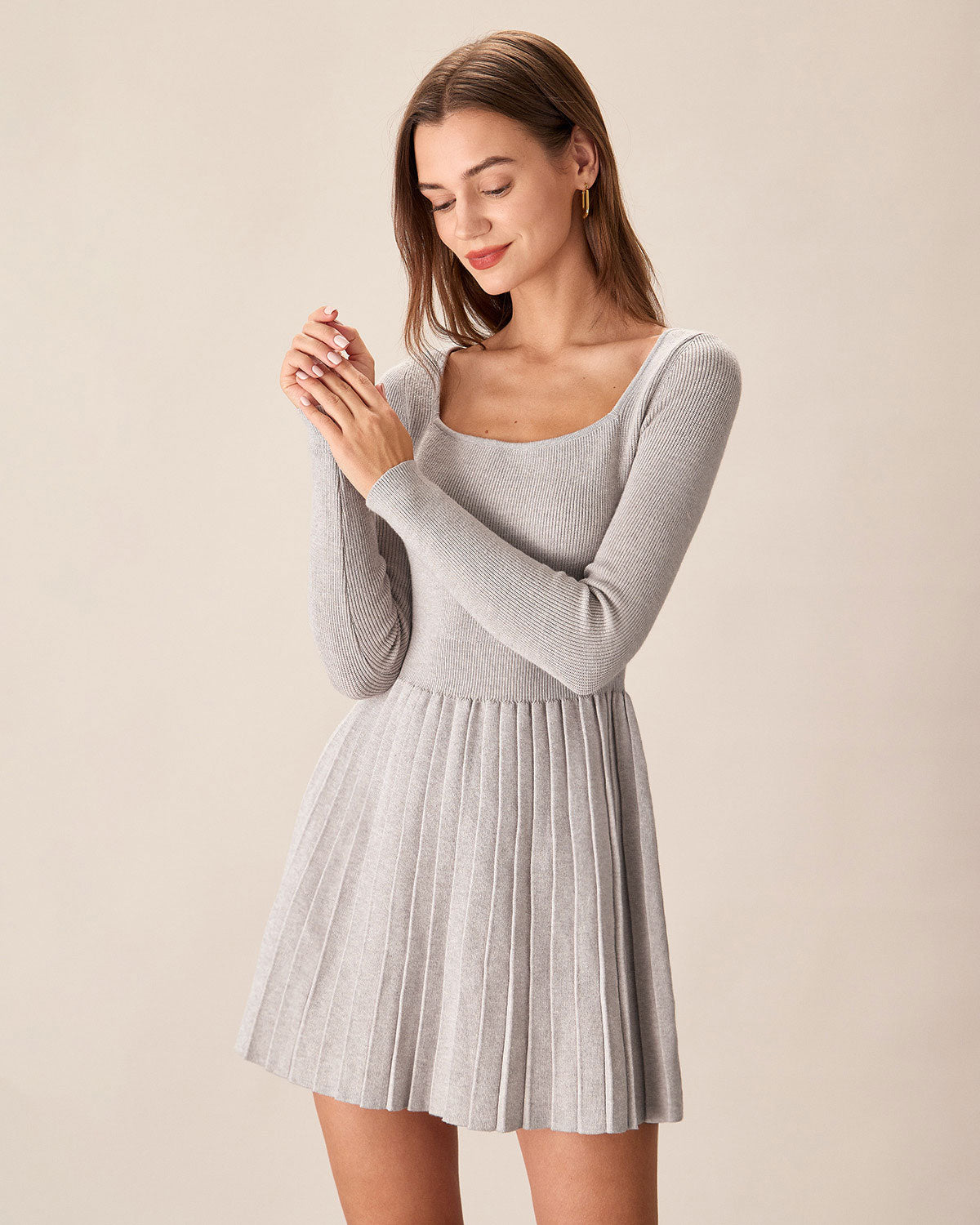 Apricot Square Neck Pleated Sweater Dress Clearance In China