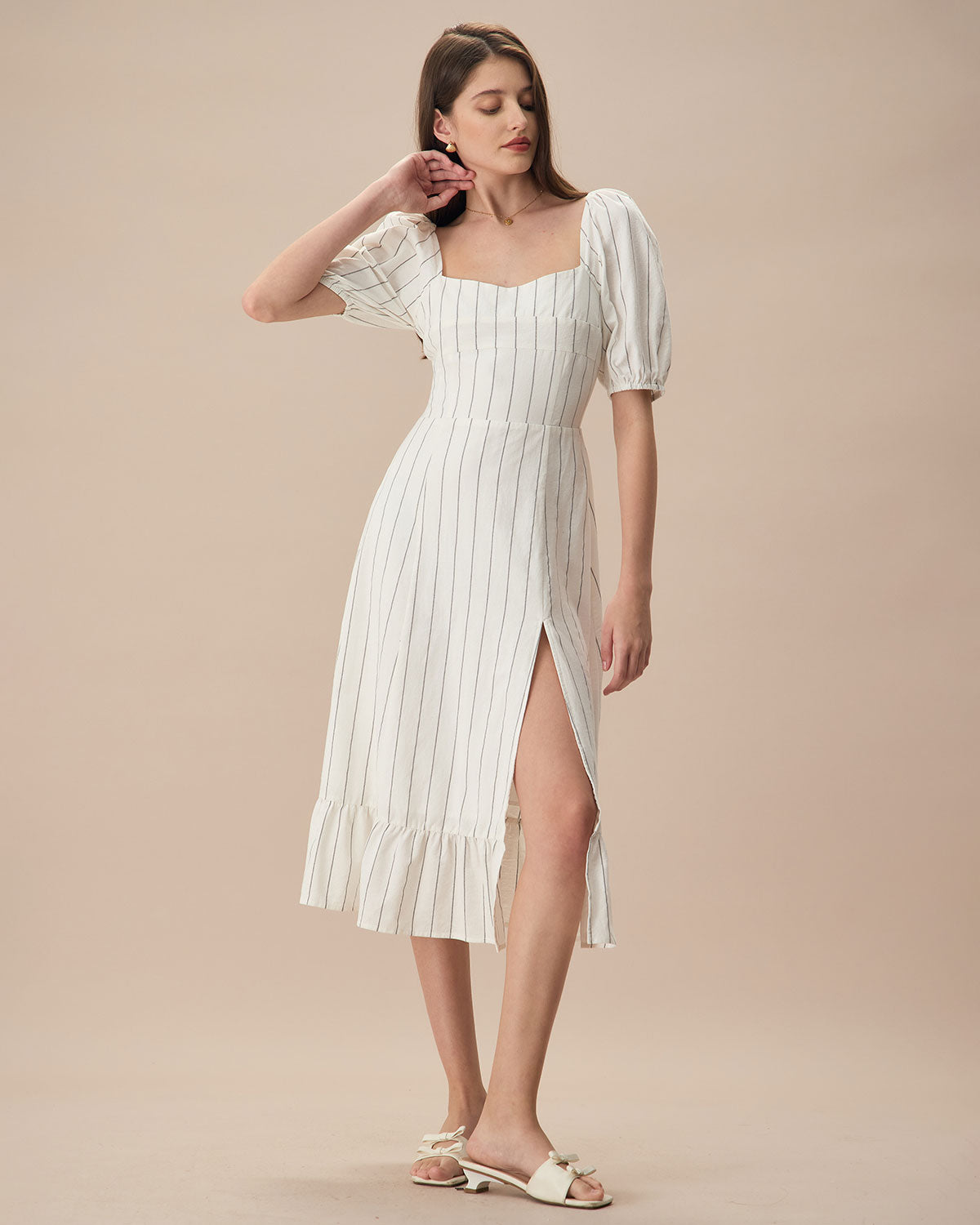 The Beige Puff Sleeve Striped Split Cotton Midi Dress With Mastercard For Sale