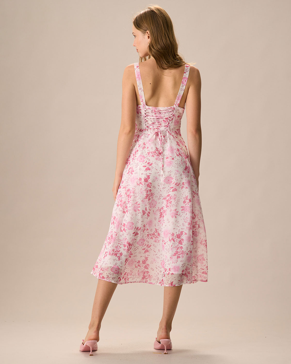 The Pink Square Neck Floral Ruched Midi Dress Outlet Fashionable