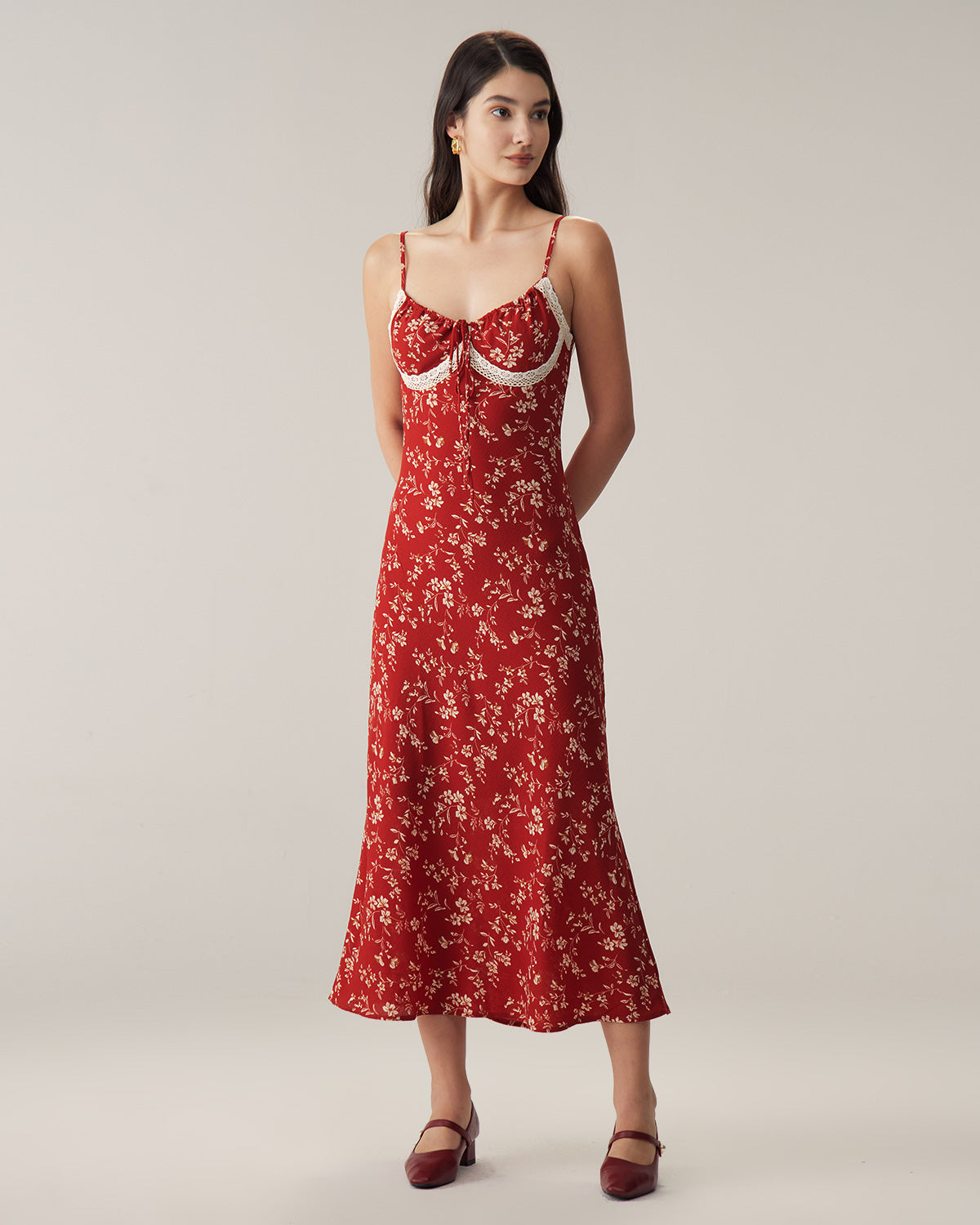 Red Floral Ruched Slip Midi Dress Many Kinds Of Sale Online