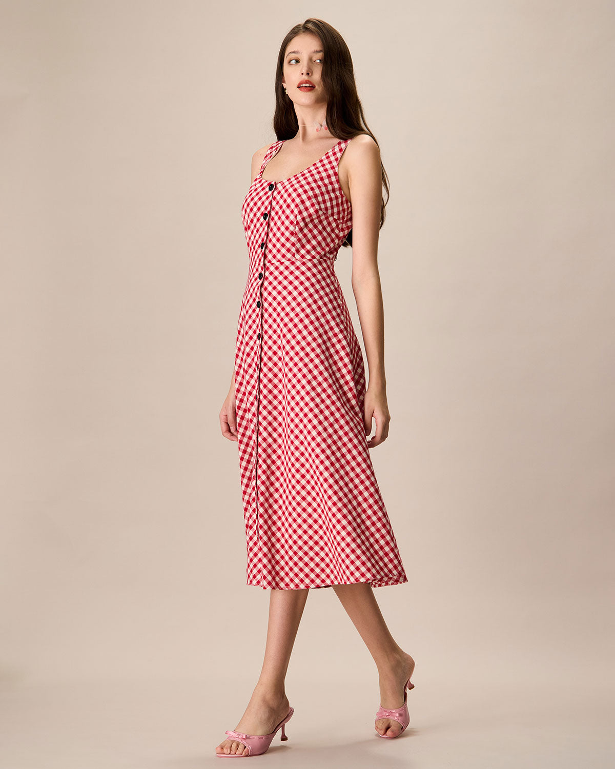 Women's Red U-Neck Plaid Midi Dress