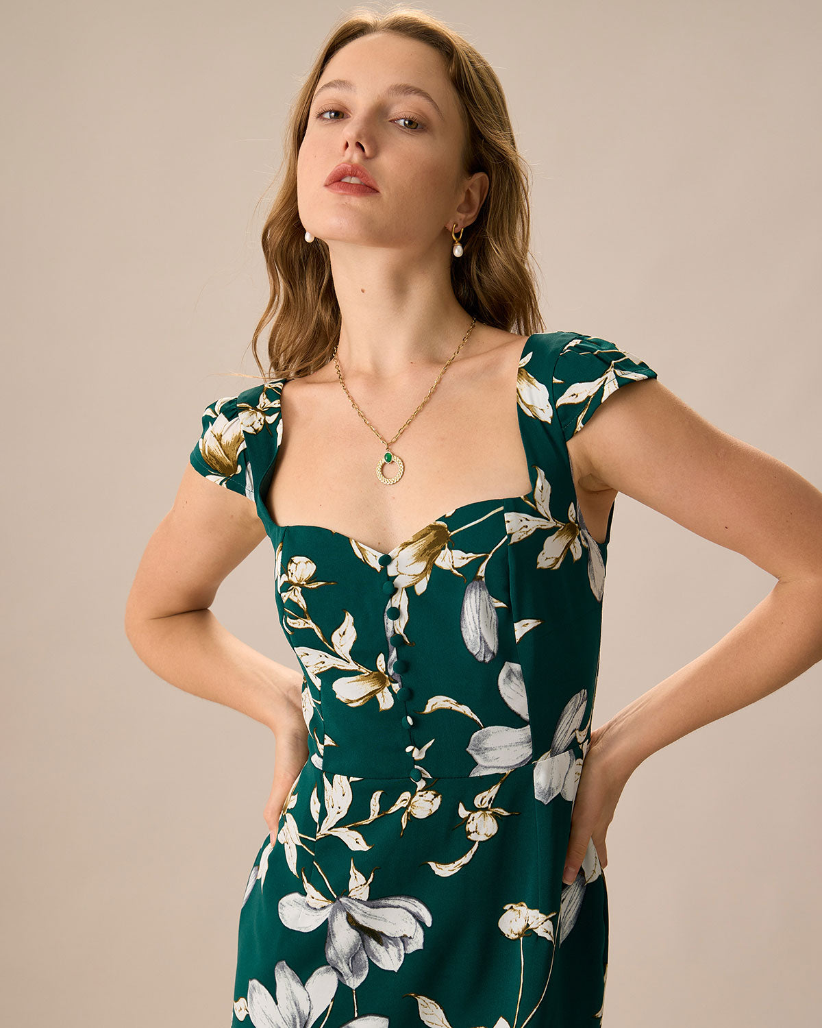 The Green Sweetheart Neck Cap Sleeve Floral Midi Dress Online Online High Quality