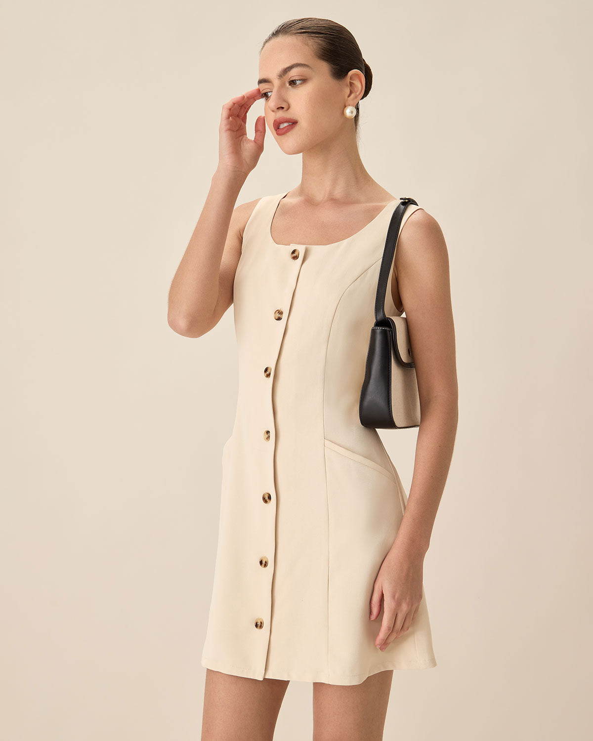 Beige U Neck Button Mini Dress Buy Cheap Classic