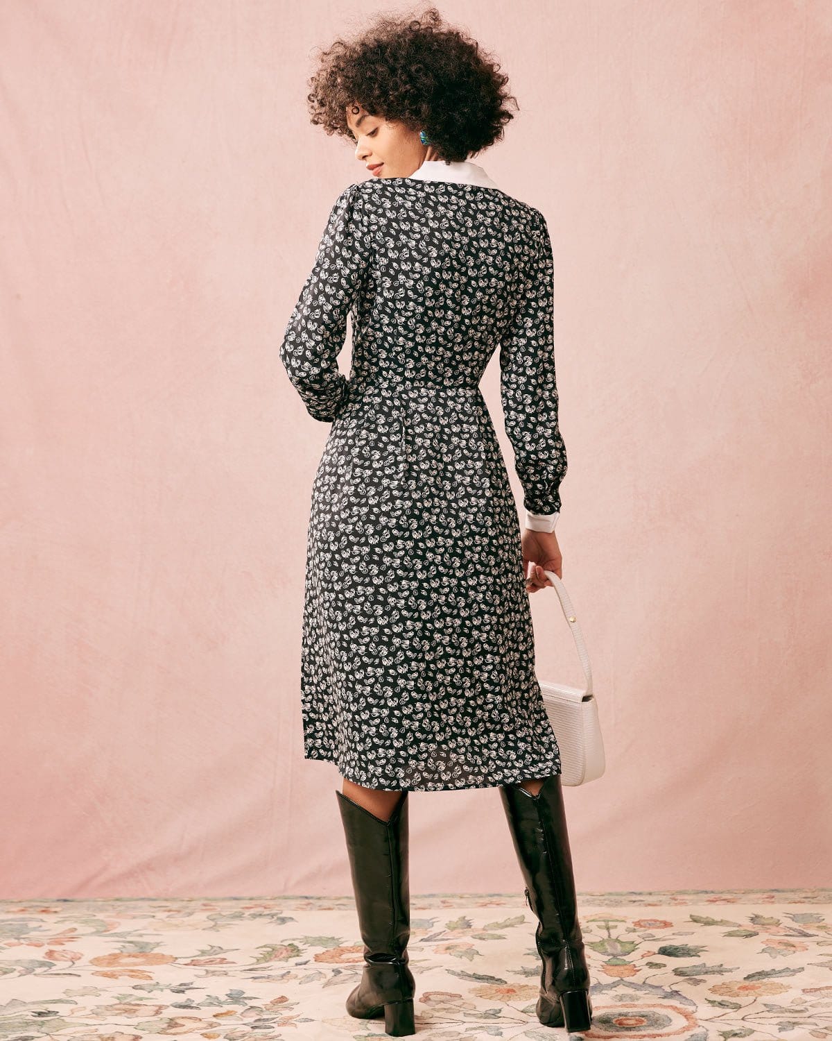 The Collared Patchwork Long Sleeve Midi Dress Cheap Sale Amazing Pice