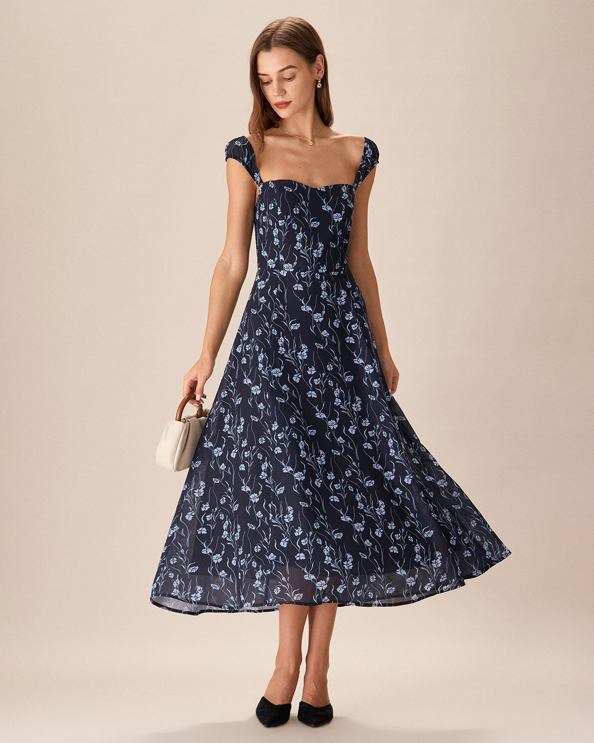 Navy Floral Sweetheart Neck Midi Dress Genuine Sale Online