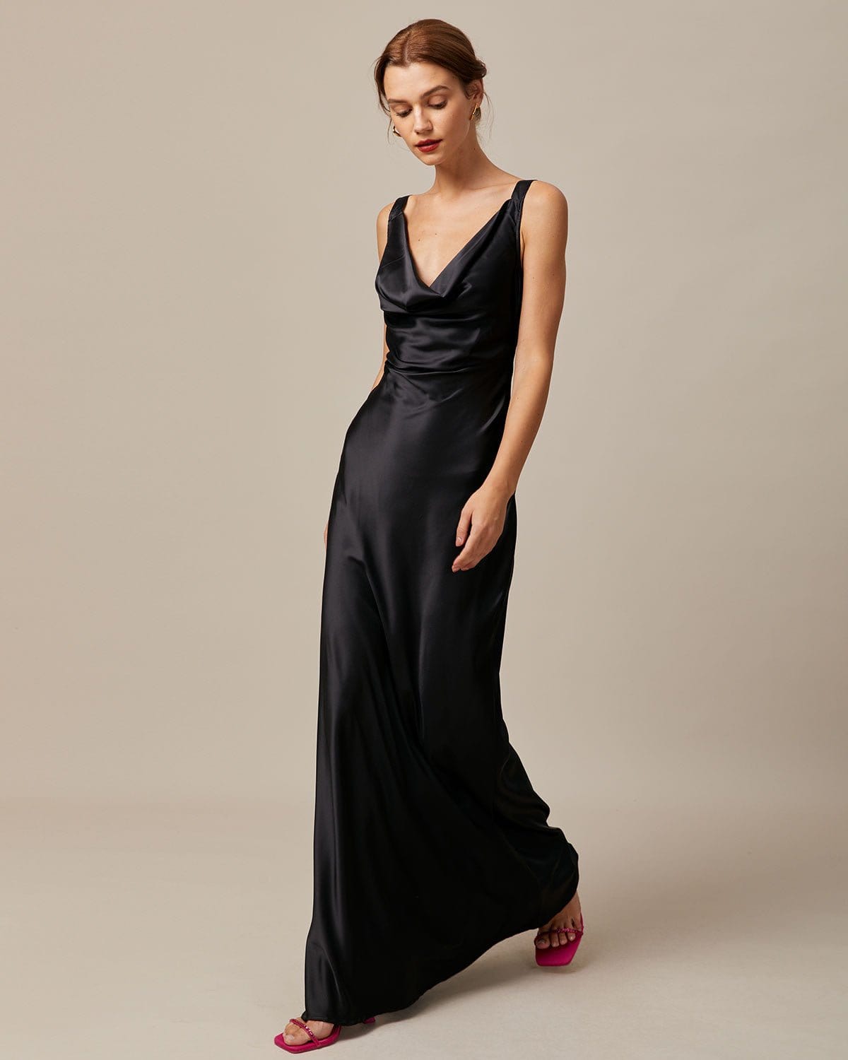 The Black Cowl Neck Sheath Satin Maxi Dress Outlet Amazing Pice