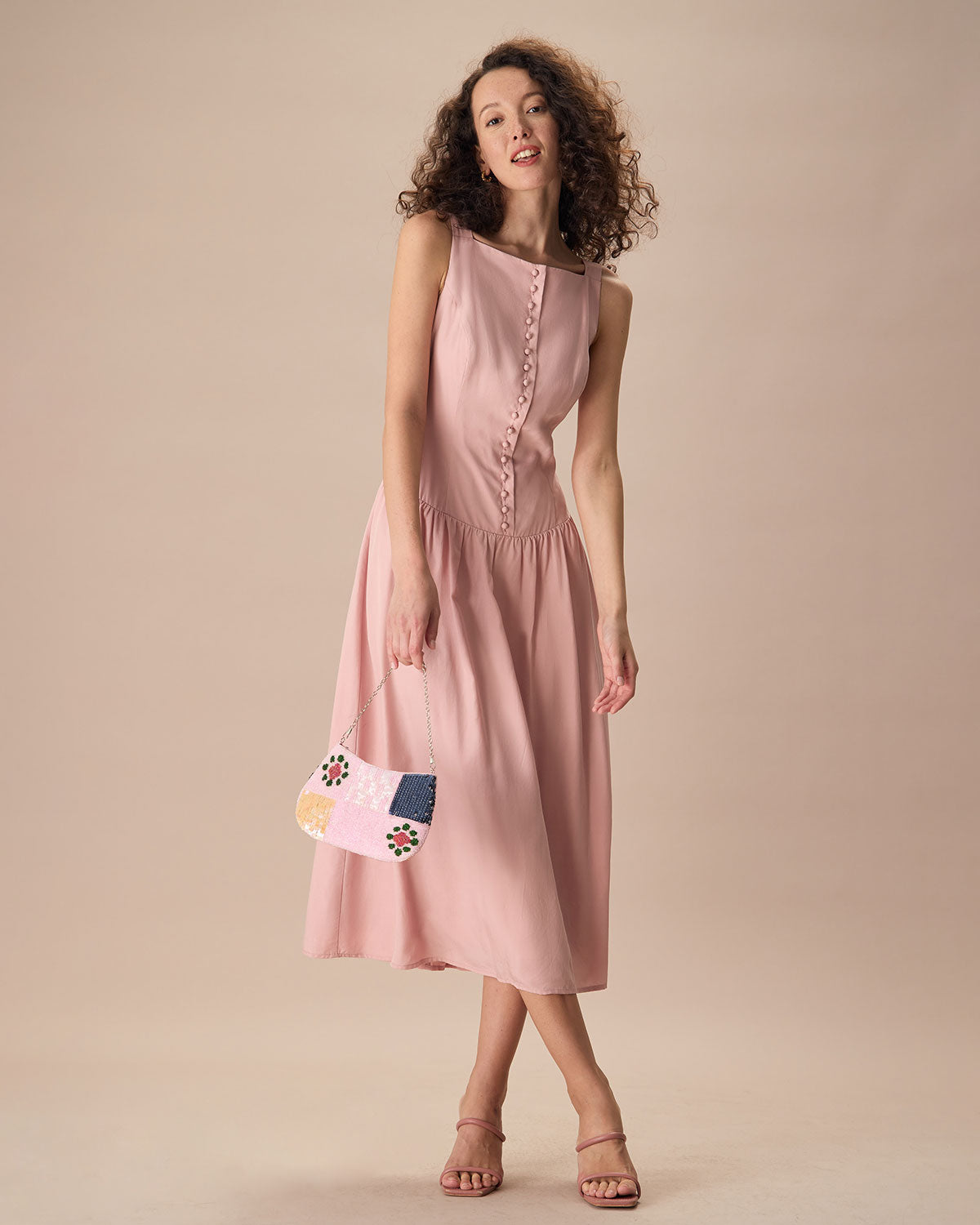 Women's Pink Boat Neck Sleeveless Lyocell Midi Dress