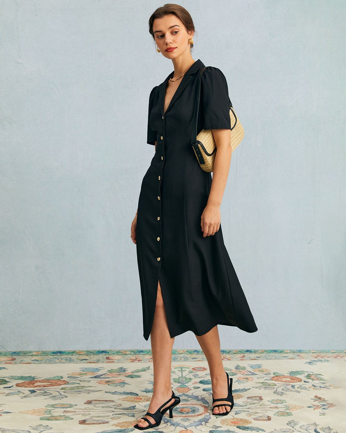 The Black V Neck Button Puff Sleeve Midi Dress Pay With Paypal Cheap Pice