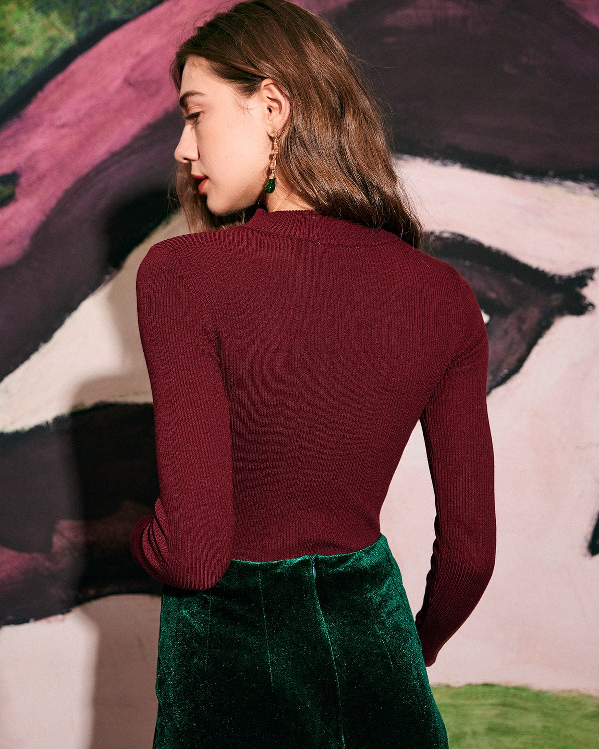 The Wine Red Slim-Fitting Cutout Knit Top Cheap Sale Shop For