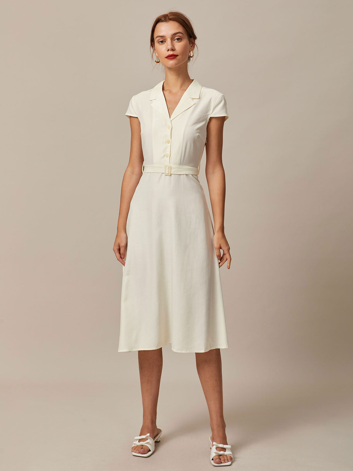 The Beige Lapel Cap Sleeve Shirt Midi Dress Outlet Marketable