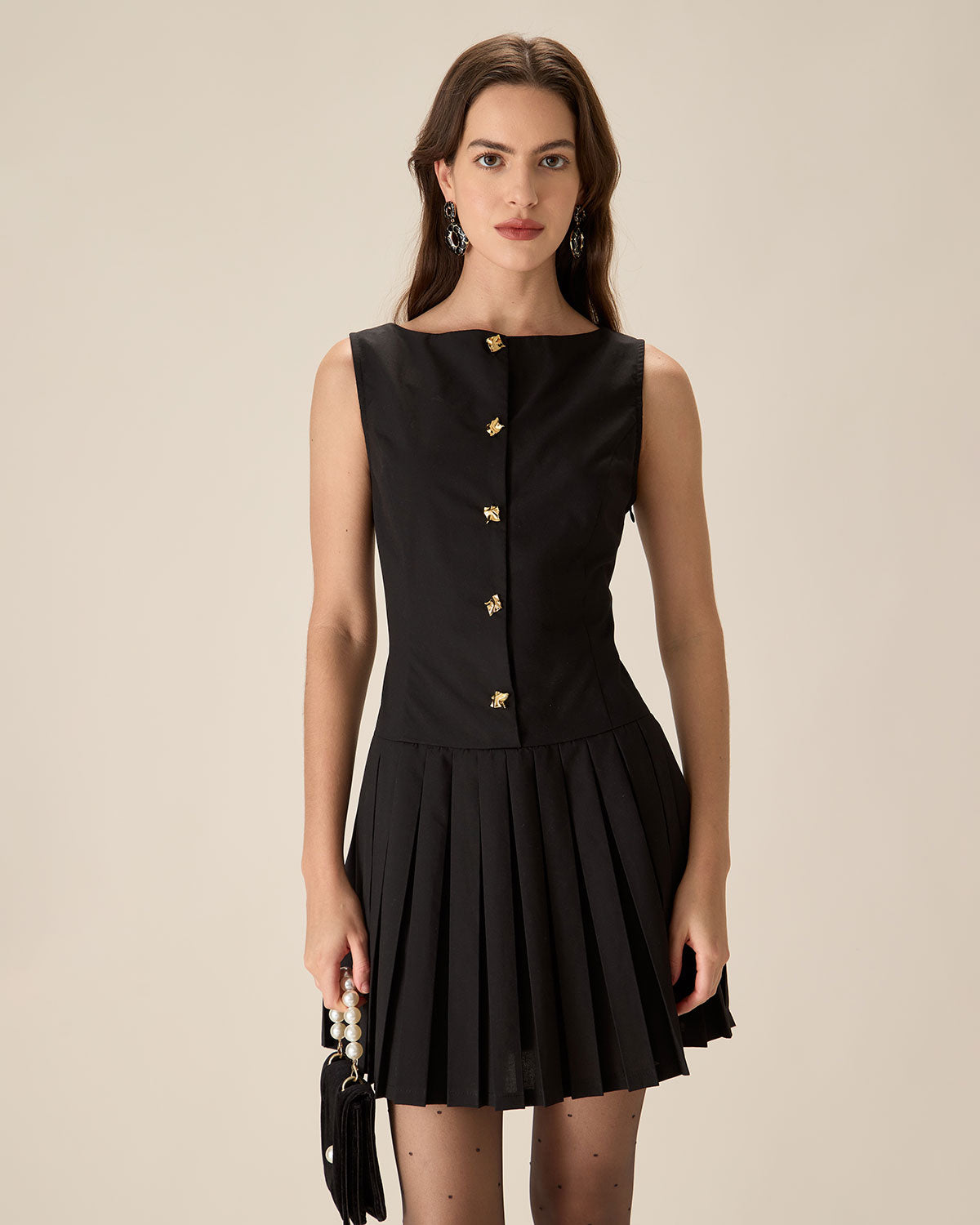 Black Boat Neck Pleated Mini Dress Sale Cost