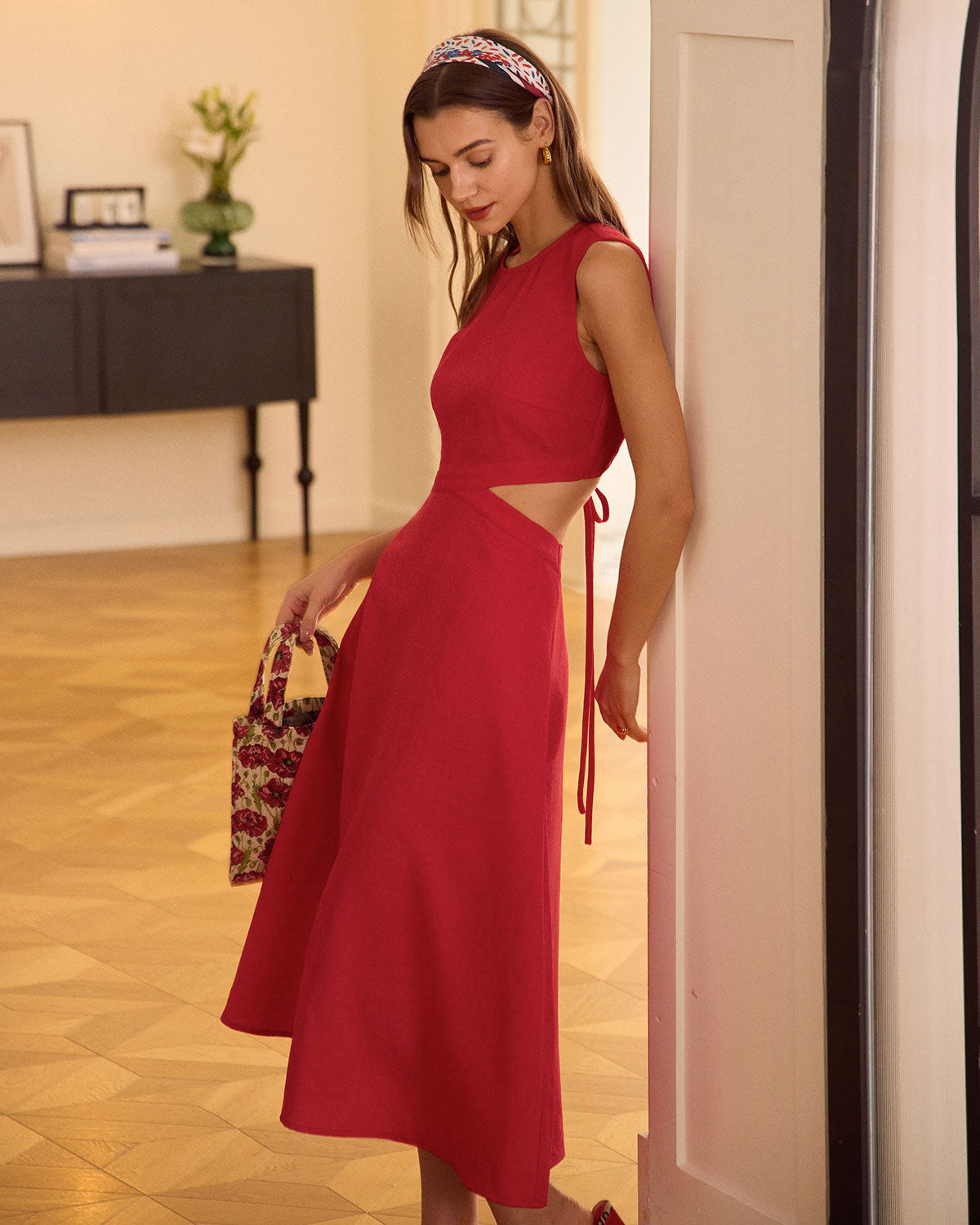 The Red Round Neck Cut-Out Midi Dress Latest Sale Online