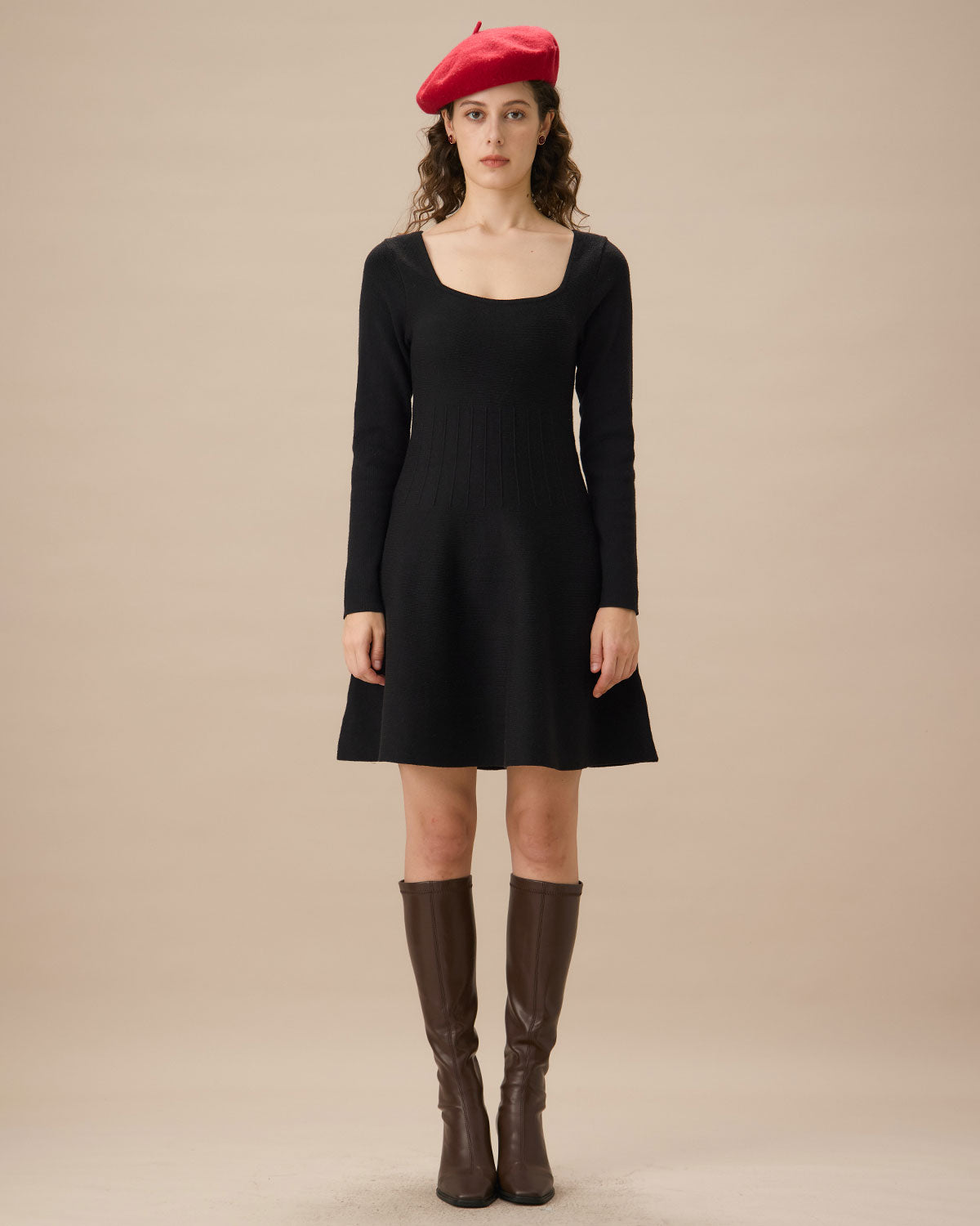 Black Square Neck Ribbed Sweater Dress Visit Cheap Pice