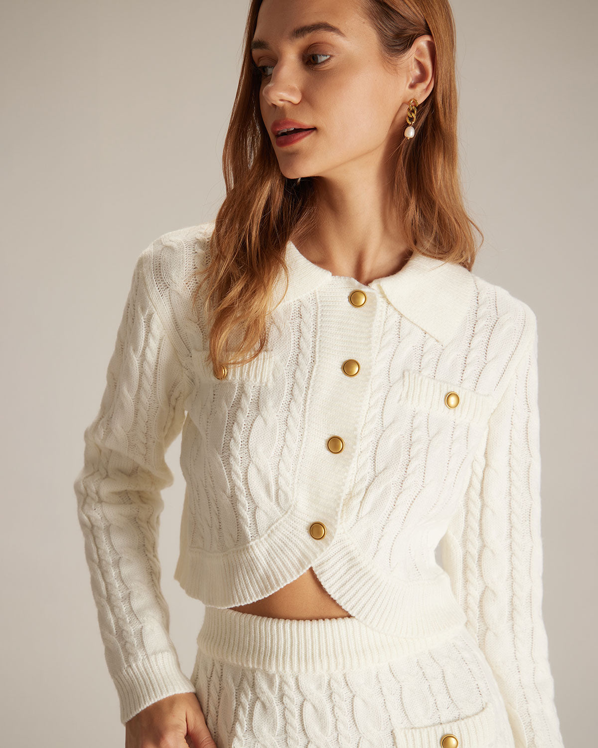 The White Lapel Ribbed Button Cable Cardigan Discount Original