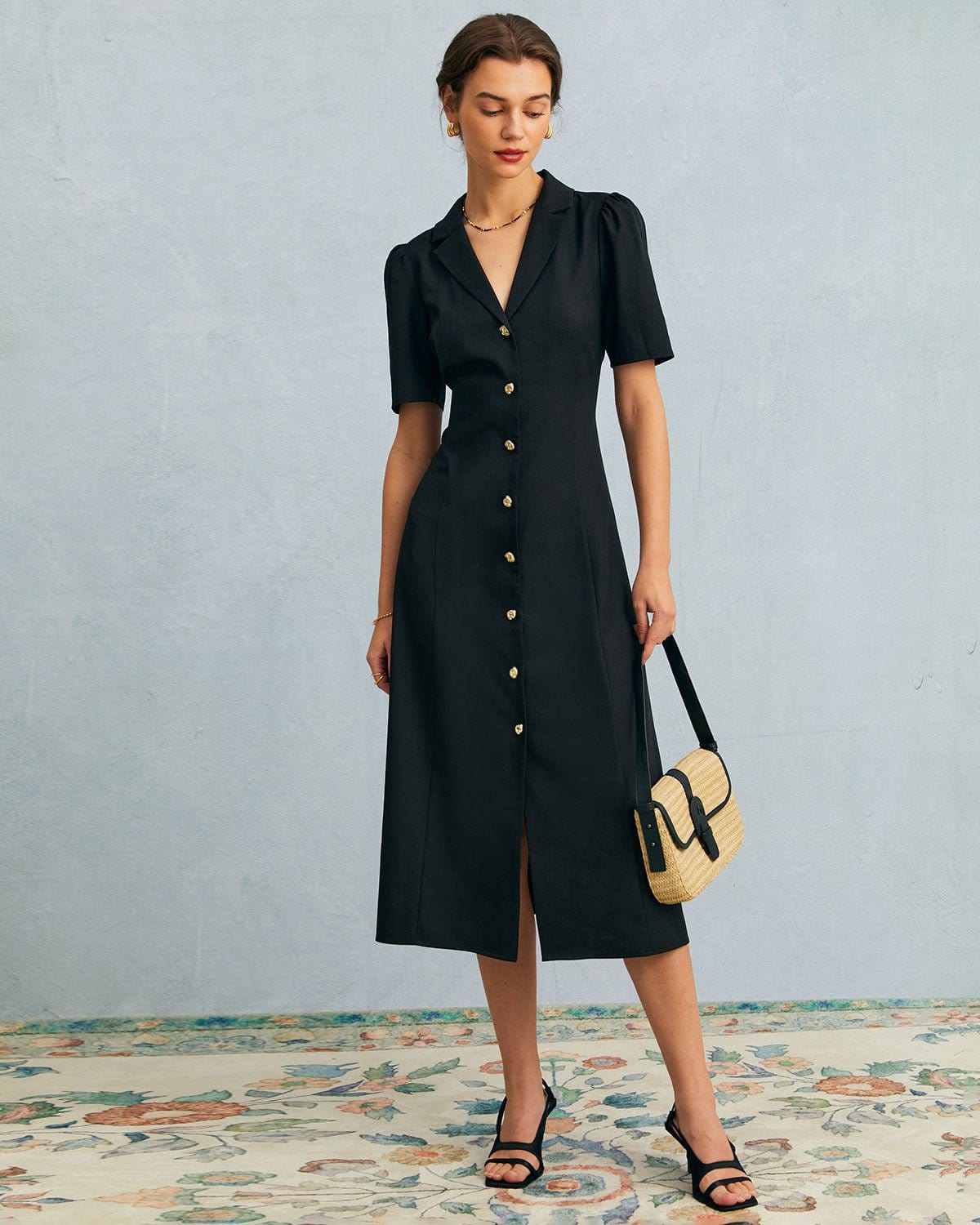 The Black V Neck Button Puff Sleeve Midi Dress Pay With Paypal Cheap Pice