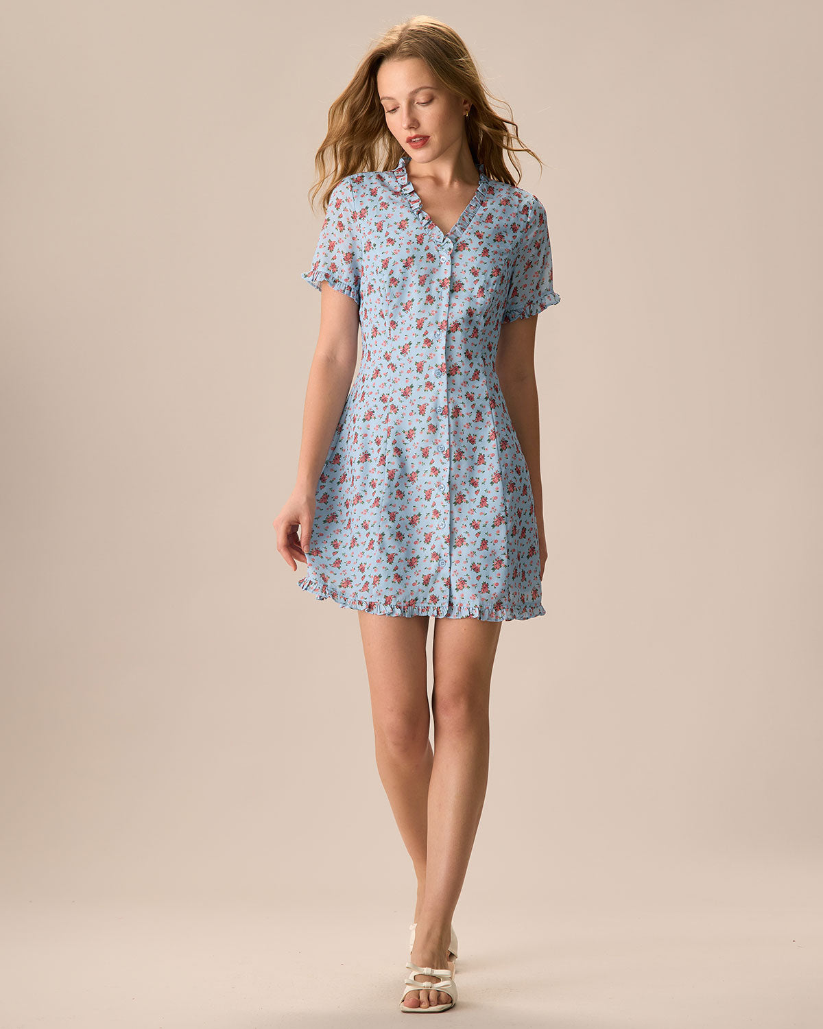 The Blue V Neck Frill Trim Floral Mini Dress Clearance With Mastercard