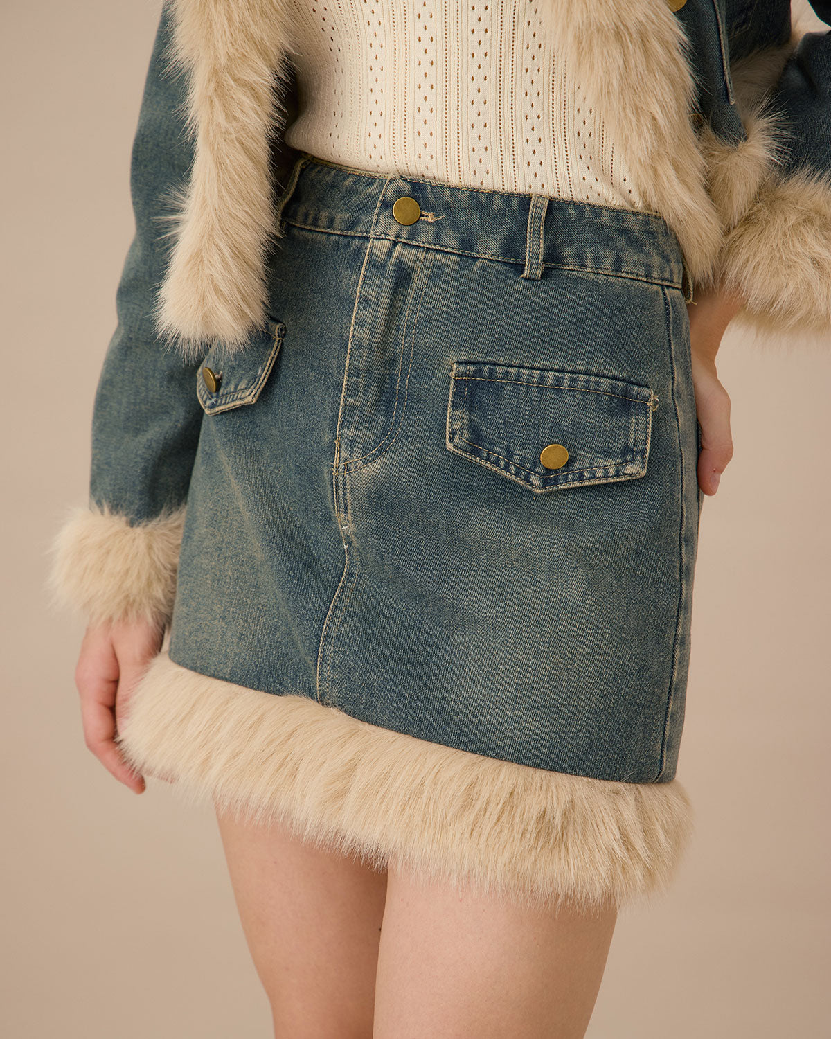 Blue Fur Trim A-Line Mini Skirt 2025 Newest Sale Online